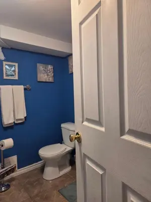 a bathroom with a toilet and a blue wall at L ' Arlequin Suite et logement in Vaudreuil-Dorion