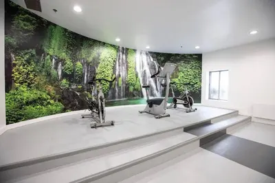 a gym with two exercise bikes and a waterfall mural at Laval stays 31 days minimum in Laval