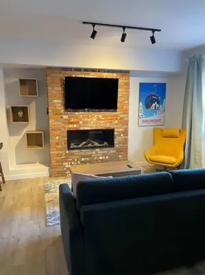 a living room with a couch and a fireplace at 871 shefford suite 207 3chambres in Bromont
