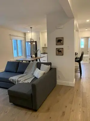 a living room with a couch and a kitchen at Free Parking, Beautiful 4 1/2-2 BR apartment in Montréal