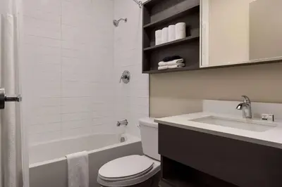 a bathroom with a white toilet and a sink at Microtel Inn & Suites by Wyndham Boisbriand in Sainte-Thérèse-de-Blainville