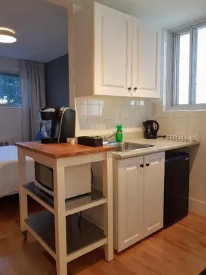a kitchen with a sink and a counter top at Bright and Spacious Studio Apartment in Montréal
