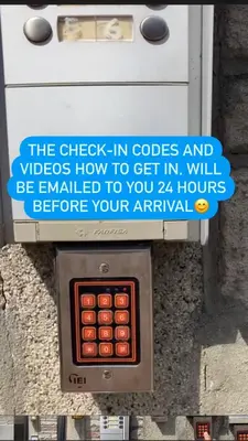 a sign that says the check in codes and videos how to get in will be at Comfortable 2-BEDROOM APARTMENT - Free and plentiful PARKING - 10 minutes to AIRPORT and 15 minutes to DOWNTOWN Montreal - Near Popular Waterfront Restaurants - located in Beautiful Lachine in Montréal