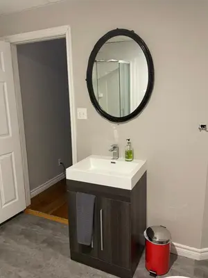 a bathroom with a sink and a mirror on the wall at Oasis in Ascot Corner
