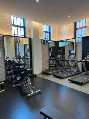 a gym with rows of treadmills and elliptical machines at Beautiful one bedroom downtown Condo with pool and free parking in Montréal