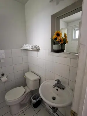 a bathroom with a toilet and a sink and a mirror at Motel Sainte Catherine in Sainte-Catherine